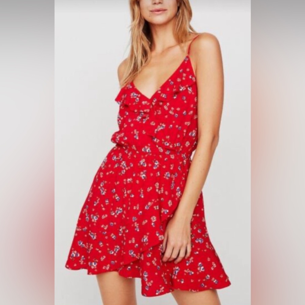 Women’s Express Red Floral Faux Wrap Spaghetti Strap Mini Dress, Size S.